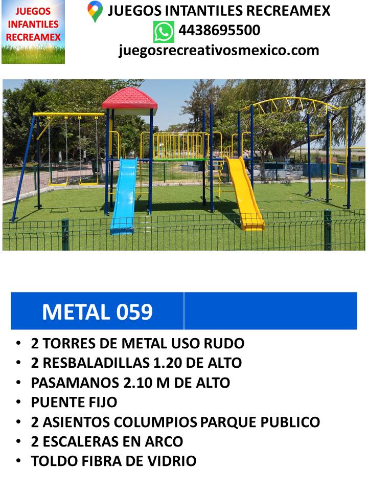 modulo de metal con resbaladillas, puente, volante, juegoo xoxo